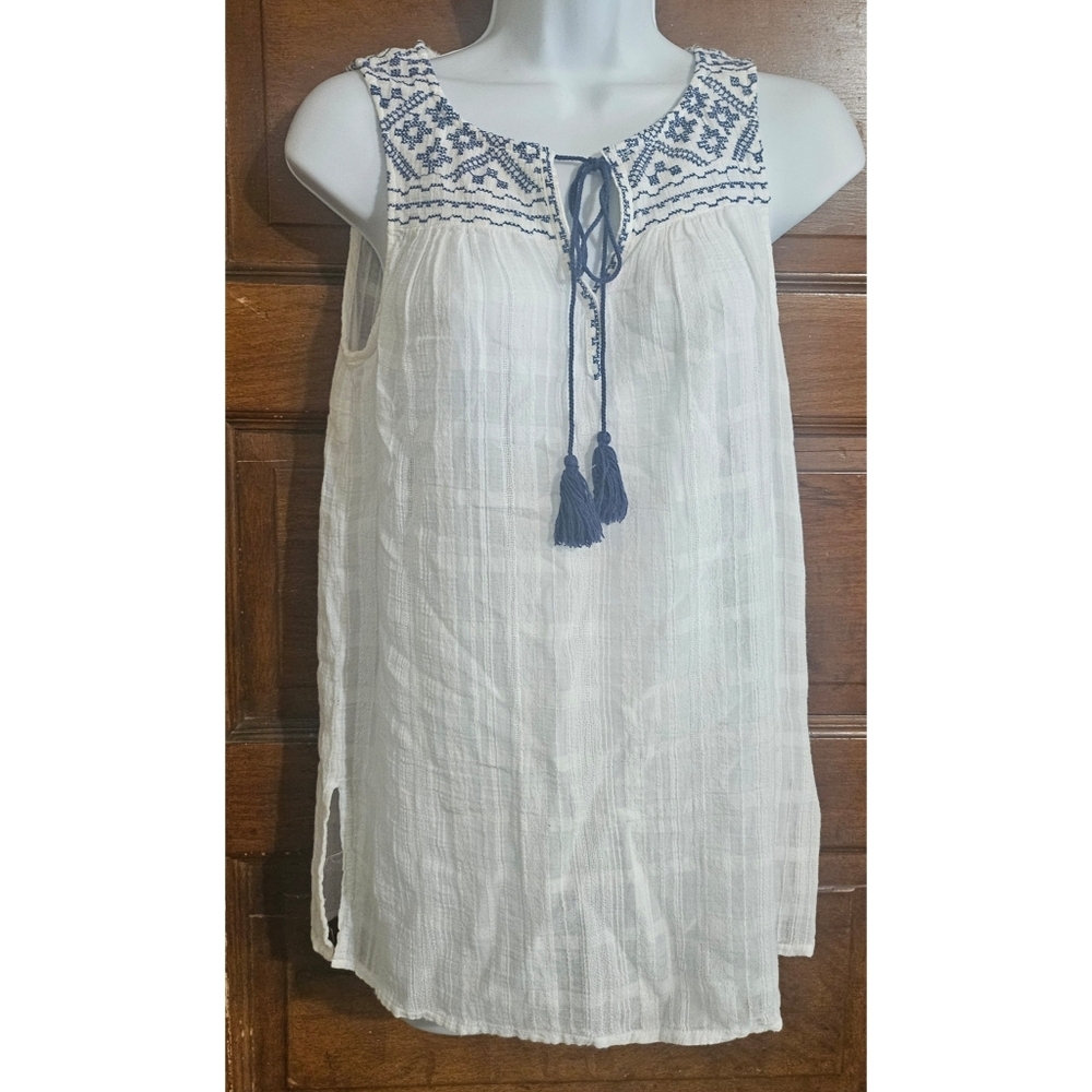 Max Studio Embroidered Tassel Tie Tank Top